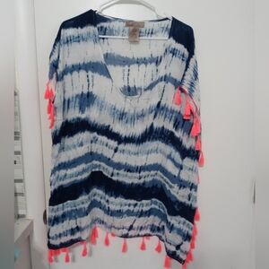 C&T BEACH BLUE TIE DYE BEACH COVER UP WITH CORAL FRINGE. SMALL